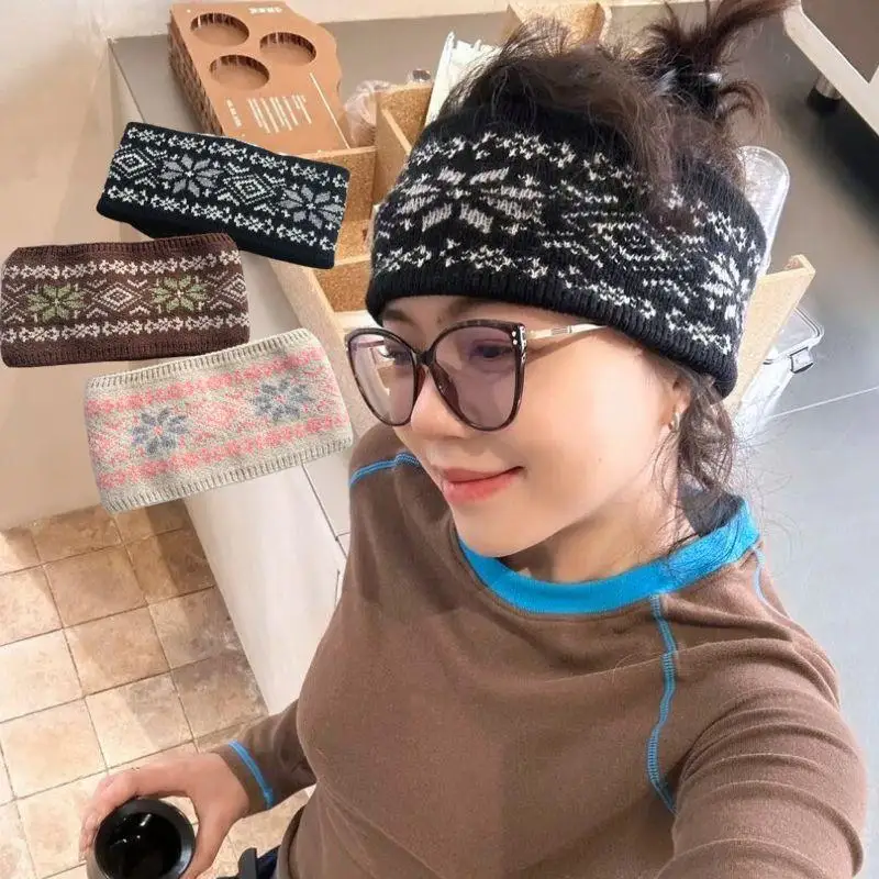

Winter French Jacquard Knitted Headband Thick Crochet Turban Knitted Ear Warmer Plush Elastic Turban Head Wraps Hair Accessories