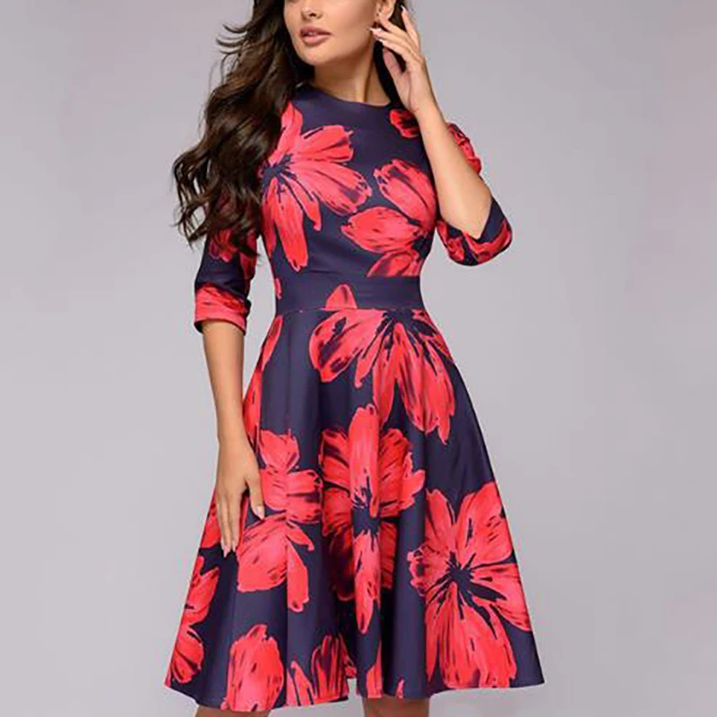 2023 Spring AutumnOffice Lady Knee Length Elegant Vintage Long Sleeve Party Dresses Women Floral Printed Dress New