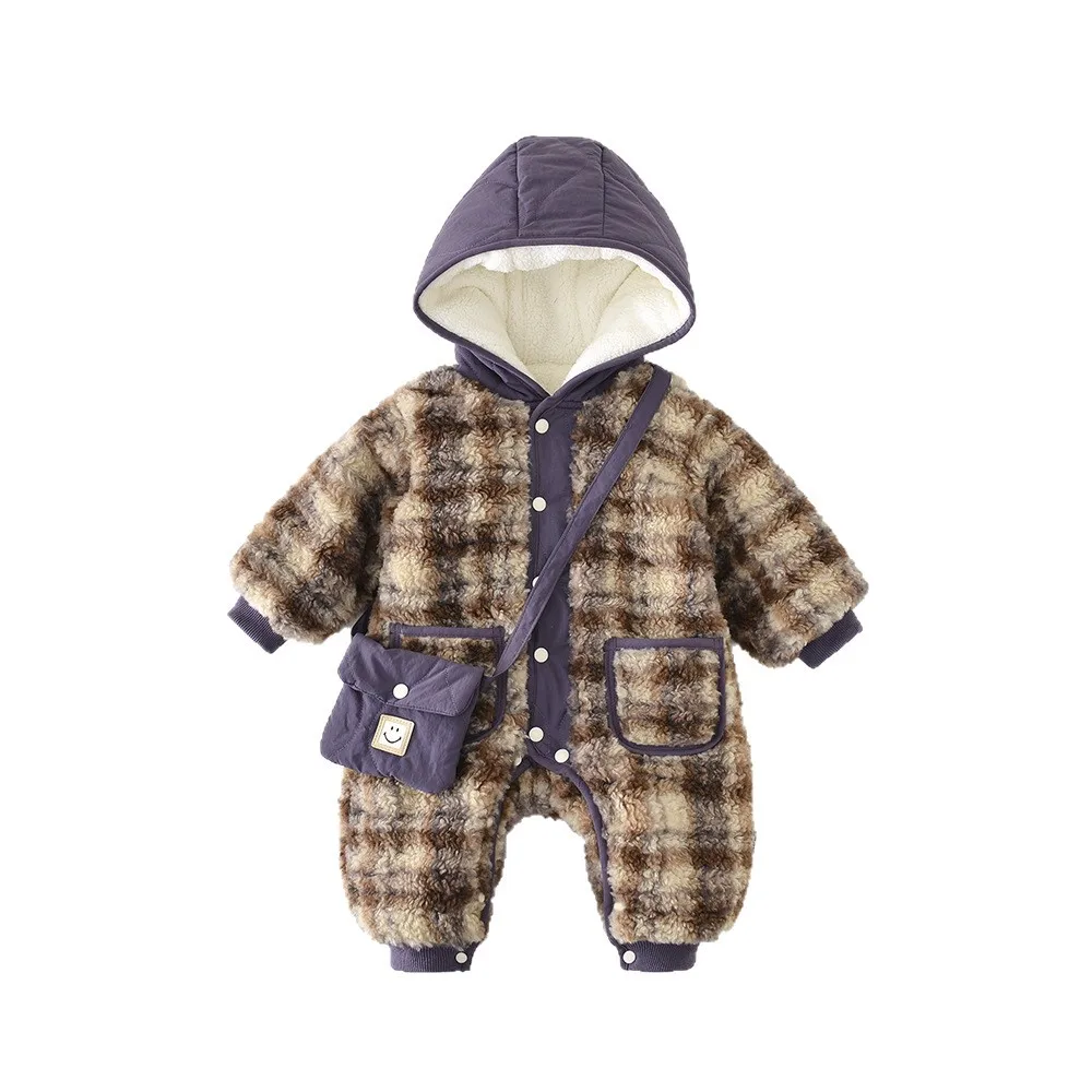 LILIGIRL Baby Padded Climbing Clothes  Winter New Hooded and Velvet Padded Baby Boy's One-piece Clothes with Bag