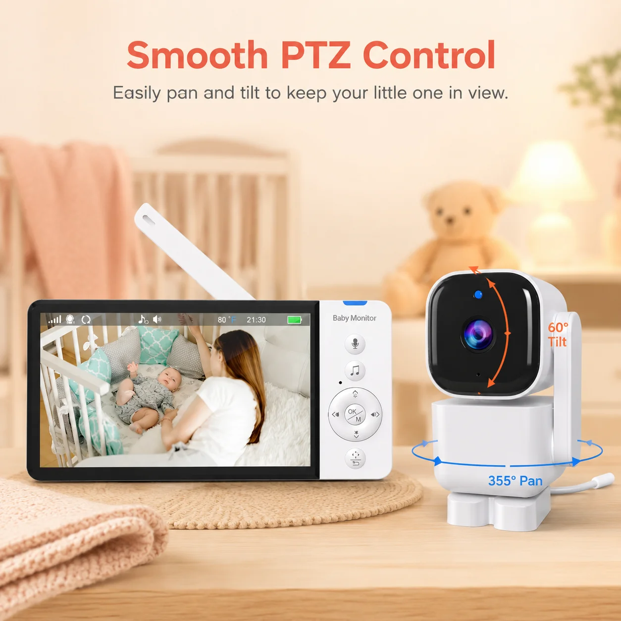 Smart Baby Security 5 Inch Video Baby Monitor with PTZ Camera Two Way Audio Full Color Night Vision Motion Detection VOX Mode