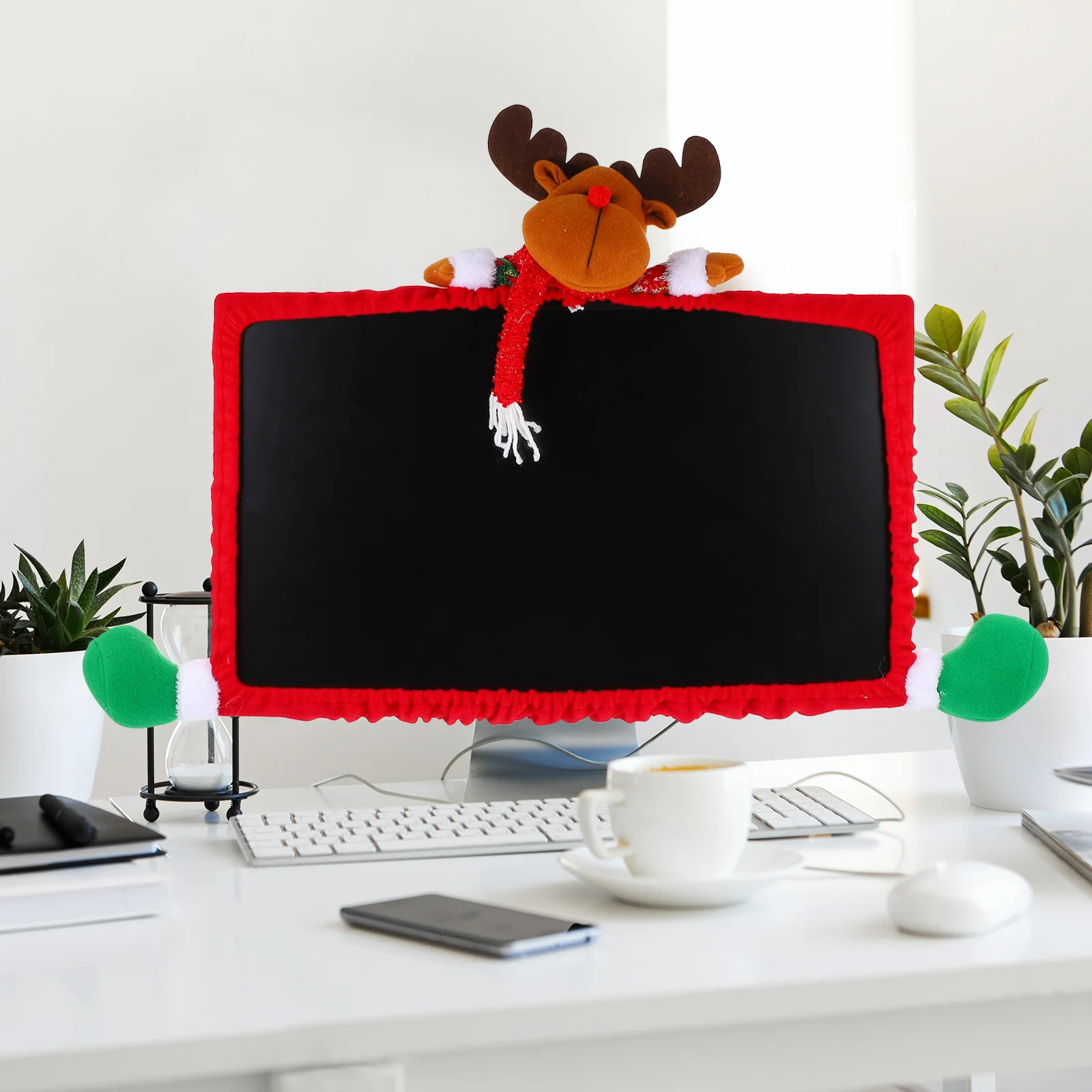 

Christmas Reindeer Computer Monitor Cover Durable Cloth Material Home Office Decor Xmas Supplies Practical Easy Use Display Case