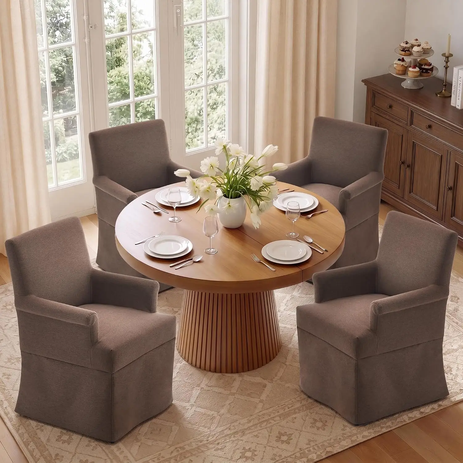 Arm Dining Chair Fabric Long Skirt Slipcovered High Back Upholstered Dinner Chair, Customized