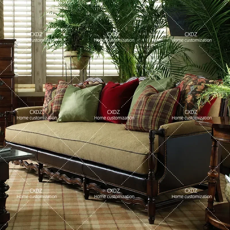Nostalgic Retro Solid Wood Fabric Cowhide 3 Seater Sofa Living Room Bedroom Couch Exquisite