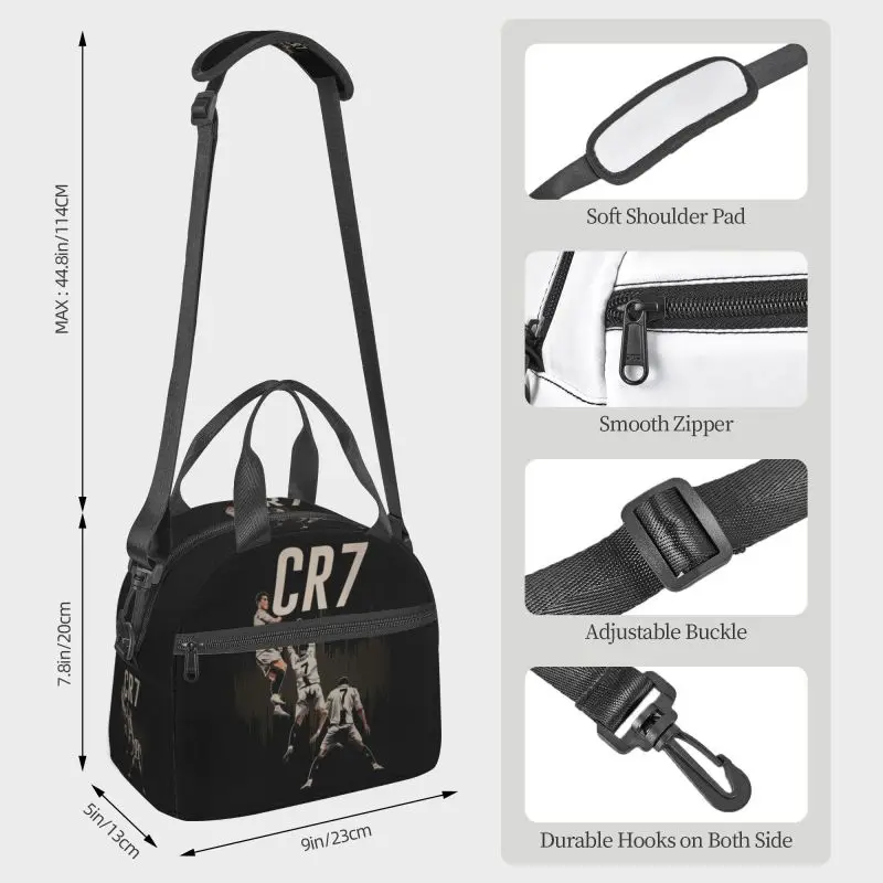 Custom CR7 Soccer Lovers Print Insulated Lunch Bag for Work School Resuable Thermal Cooler Bento Tote Bag with Adjustable Strap