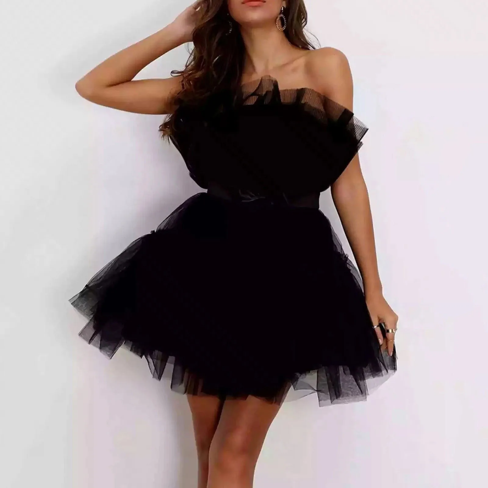 Women's Sexy Bow Tie Waisted Mini Dress Fashion Mesh Off Shoulder Dresses Solid Colour Temperament Sleeveless Puffy Evening Gown