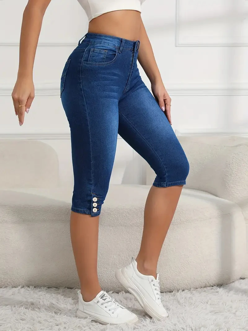 

ZMTUO Women's Plus Size Denim Midpants Slim Version of High Stretch Side Single Breathe Fashionable and Versatile Wash Jeans