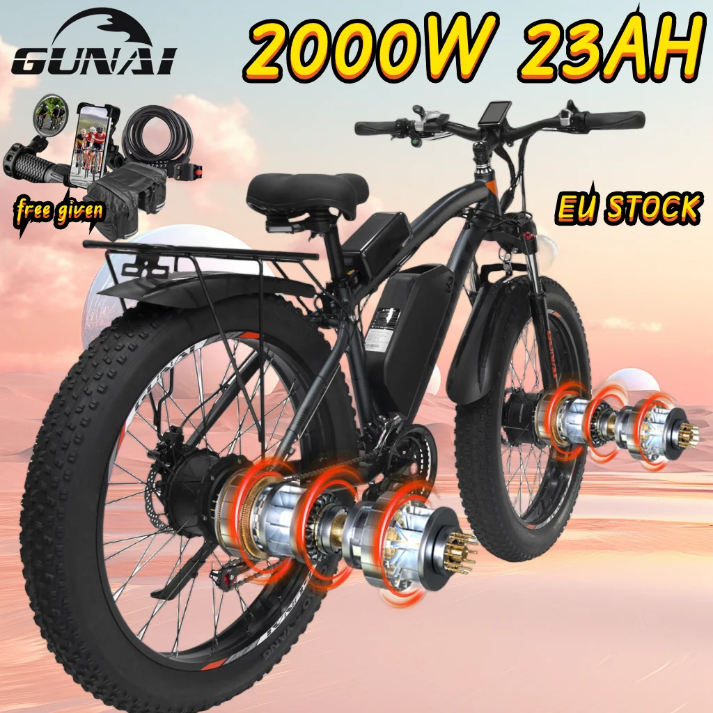 GUNAI Electric Bicycles 2000W Dual Motor 4.0*26Inch Fat Tire Adults Electric Bike 48V 23AH Battery 21-speed Motorcycle EU Stock