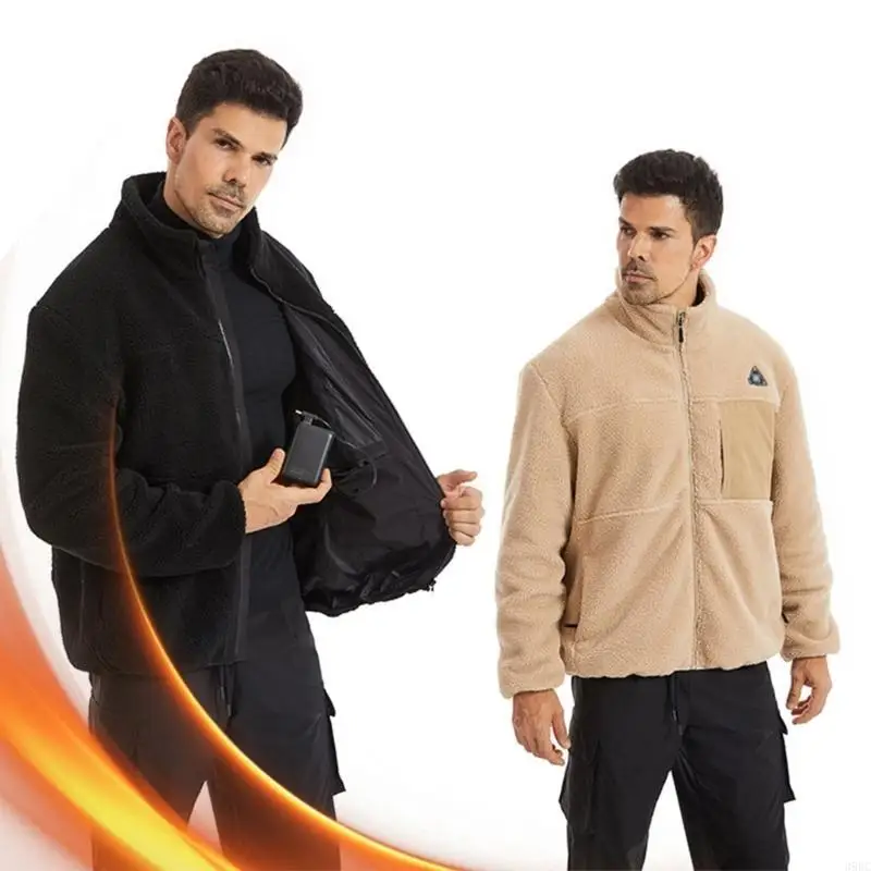 

39BC Heated Fleece Jackets for Men Women USB 3 Control Temperature 4 Heating Areas Long Sleeve Outerwear Coat with Pockets