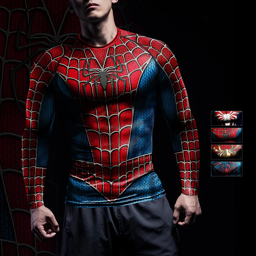 NADANBAO Rash Guards Compression Shirts Men Cosplay Superhero Spider Pattern Printed Workout Long Sleeve Tops Fitness Sportwear