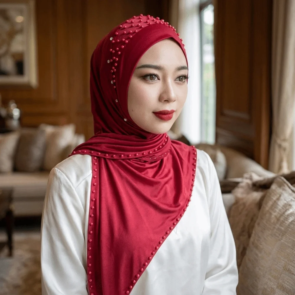 Convenient Soft Beaded Instant Hijab Breathable Easy Wrap Malay Headscarf Stretch Solid Color Pullover Scarf Prayer Wear