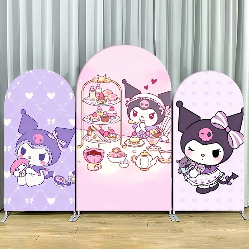 2D Flat Arch Backdrop Cover Single Layer Non-Stretch Fabric Kuromi Themed Party Set with Tea Scene and Character Panels