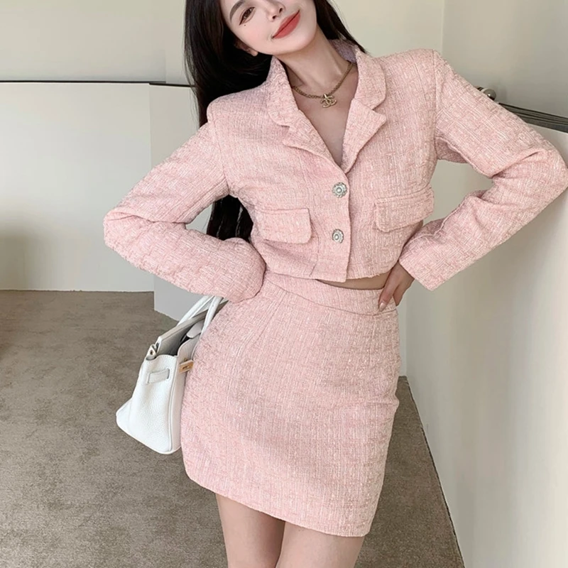 

2022 Spring New Korean Fashion Casual Tweed Sets Lapel Jacket Coat + High Waist Bag Hip Mini Skirt Two Piece Suits Female