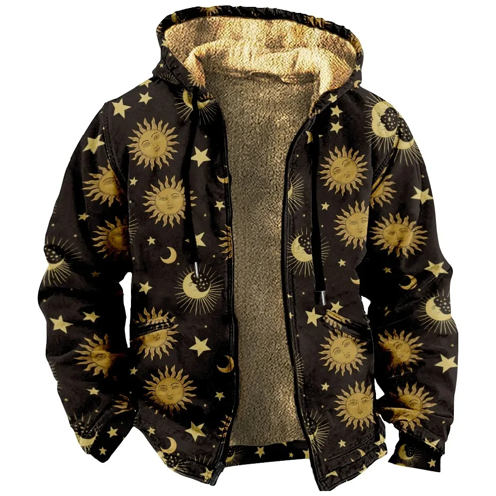 

Sun Moon Star Print Hoodie Fashion Long Sleeve Zipper Sweatshirt Stand Collar Coat Women Men Harajuku Winter Clothes 2024