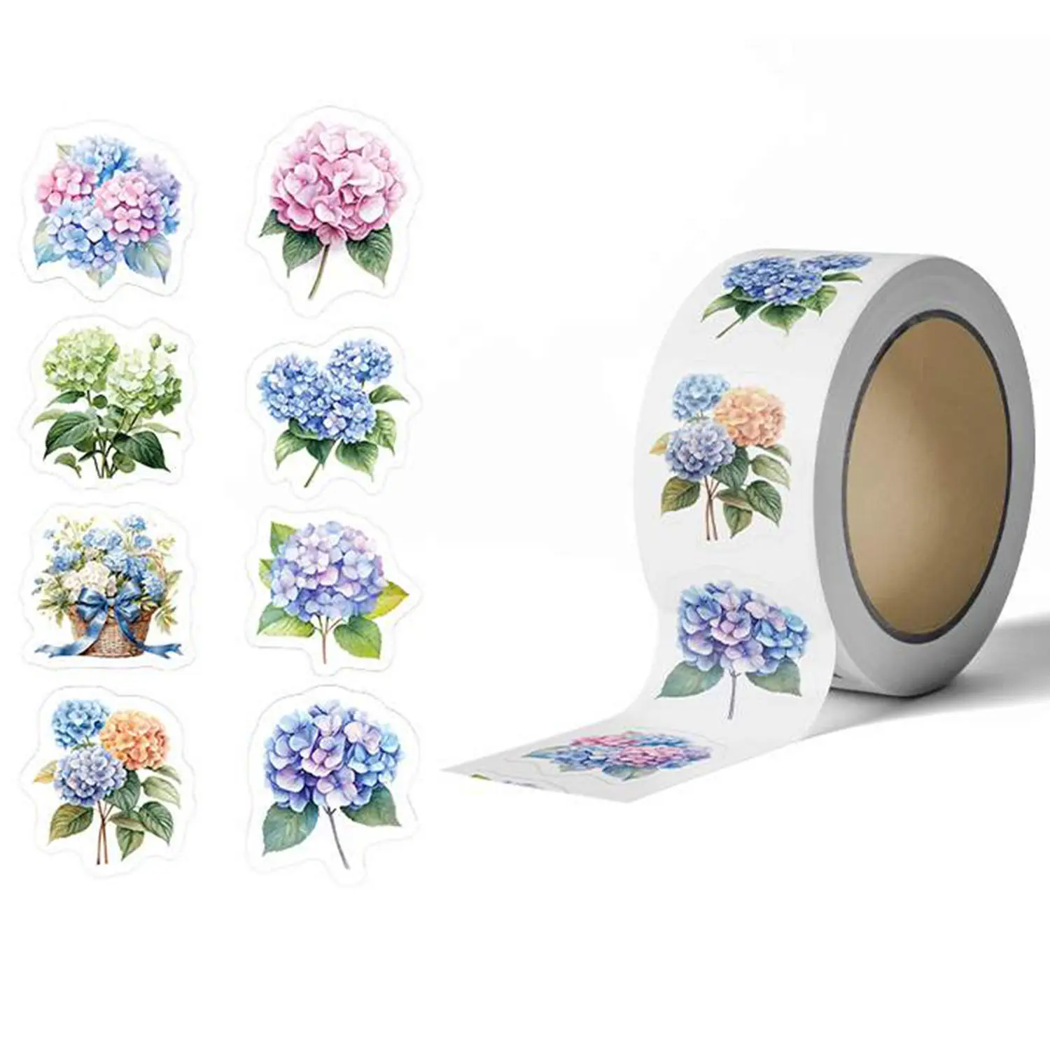 500Pcs Watercolor Hydrangea Flower Stickers Roll, Assorted Floral Self‑Adhesive Labels for Journal Gift Wrapping DIY Craft Decor
