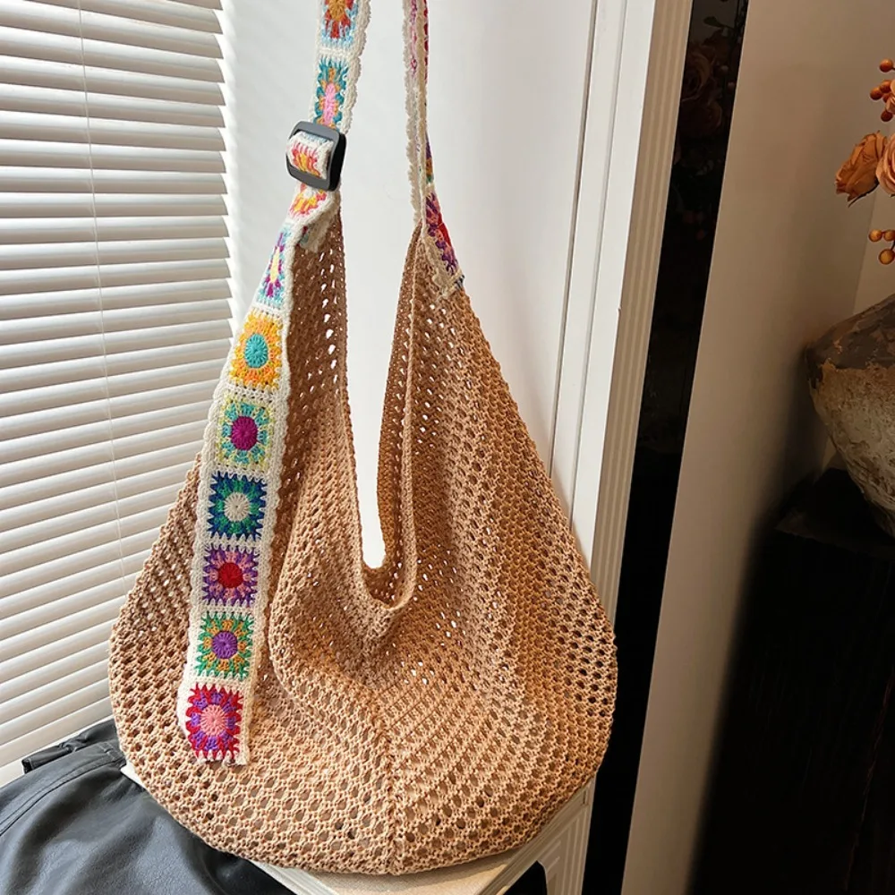 Trendy Large Capacity Crochet Tote Bag Flower Lightweight Hollow Woven Bag Ethnic Style Cotton Knitting Handbag Daily