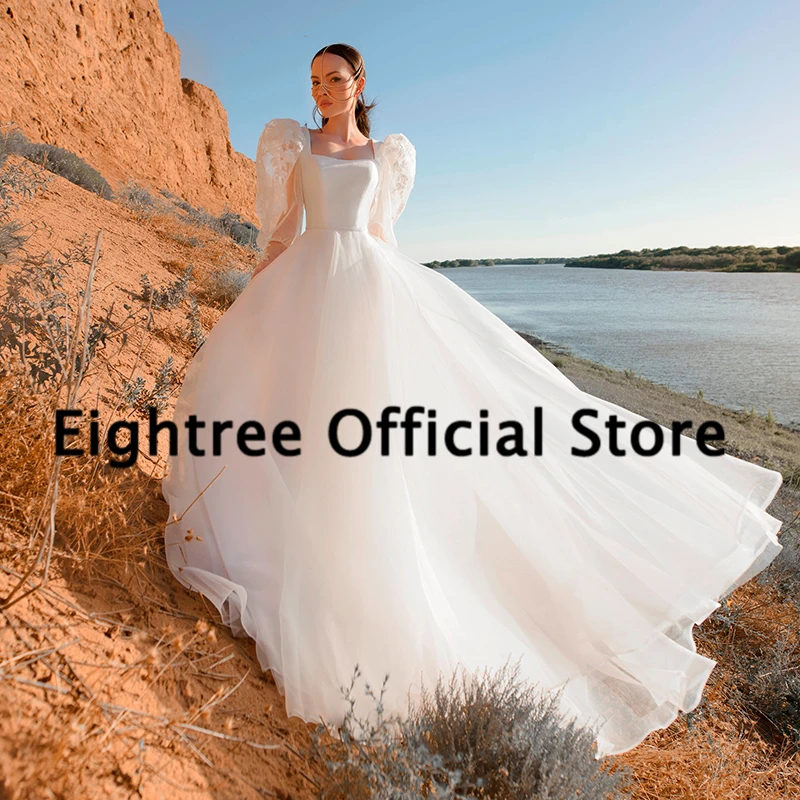 Eightree Elegant White A-Line Wedding Dresses Puff Sleeve Appliques Dress Boho Beach Tulle Wedding Evening Prom Gowns Plus Size