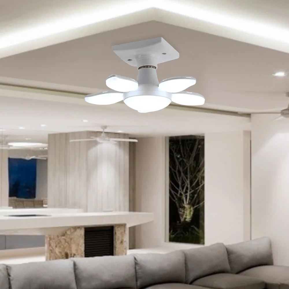 Luzes de teto LED com ventilador dobrável Lâmina, Garagem Luz, lâmpada deformável, Iluminação Industrial, Oficina Fixture, 45W, 50W, 55W, E27