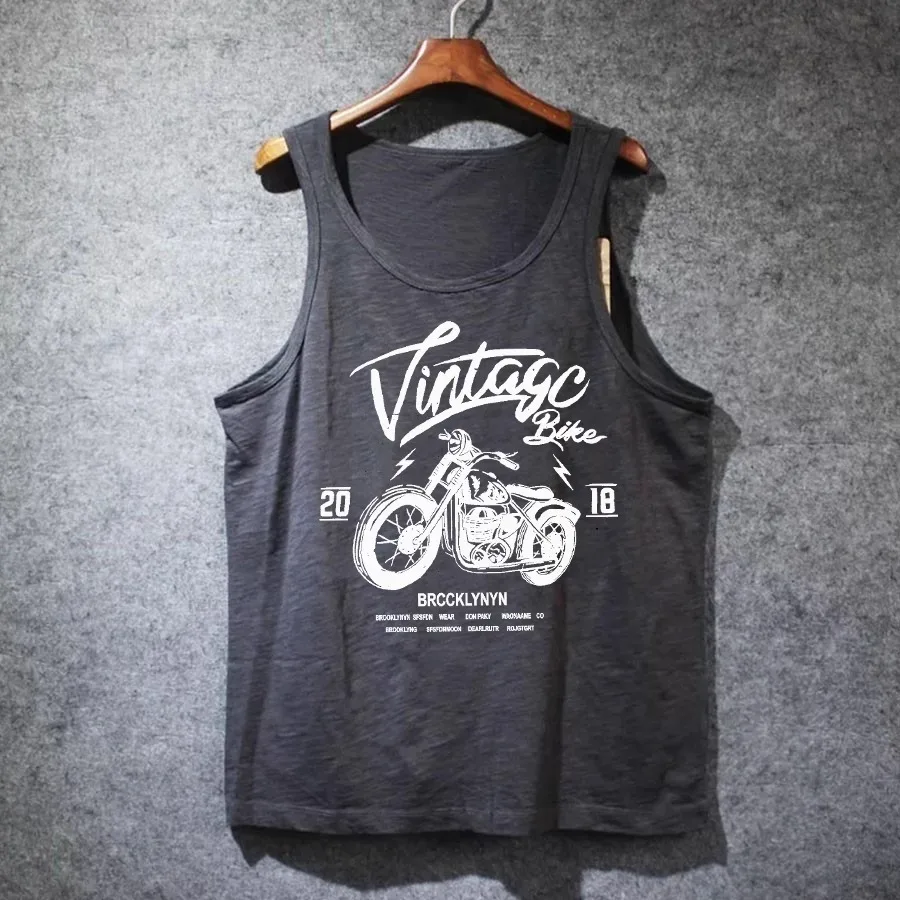 Retro Hong Kong Style Motorcycle Pattern Printed Pure Cotton Men's Tank Top T-Shirt Loose Fit Summer Youth Fashion Casual Wear