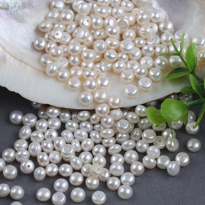 Wholesale 7-8mm white button shape natural freshwater pearl loose beads with half hole for jewelry making