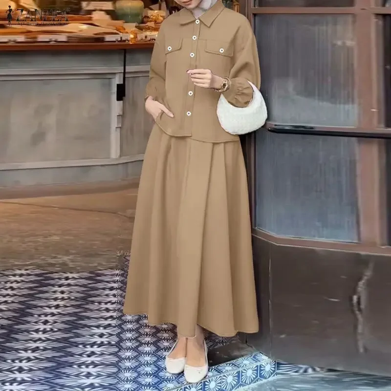 ZANZEA Women Spring 2 Piece Sets Elegant Long Sleeve Shirt Dress Suit Matching Sets Ramadan Outfits 2026 Muslim Hijab Tracksuit