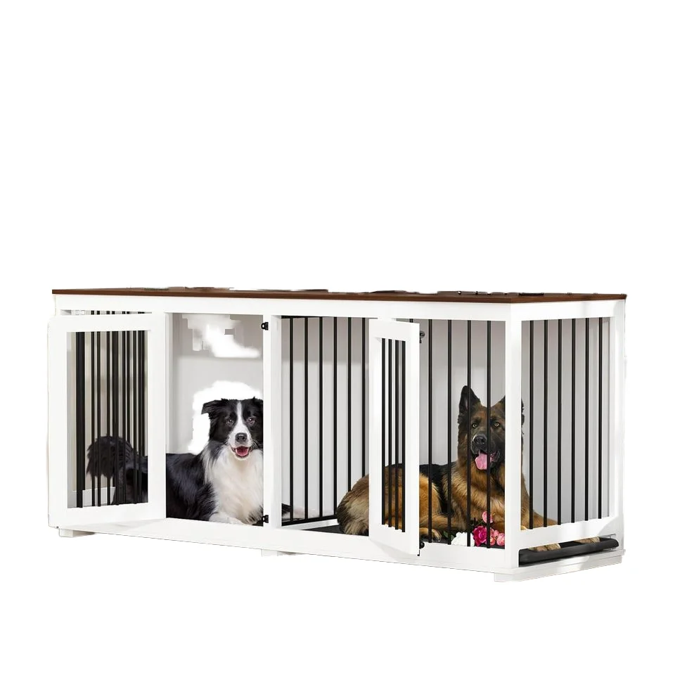 

PIAOMTIEE 70.9" Large Double Dog Crate Furniture Wooden Dog Kennel House Divider 2 Trays Large Breed Indoor White Solid