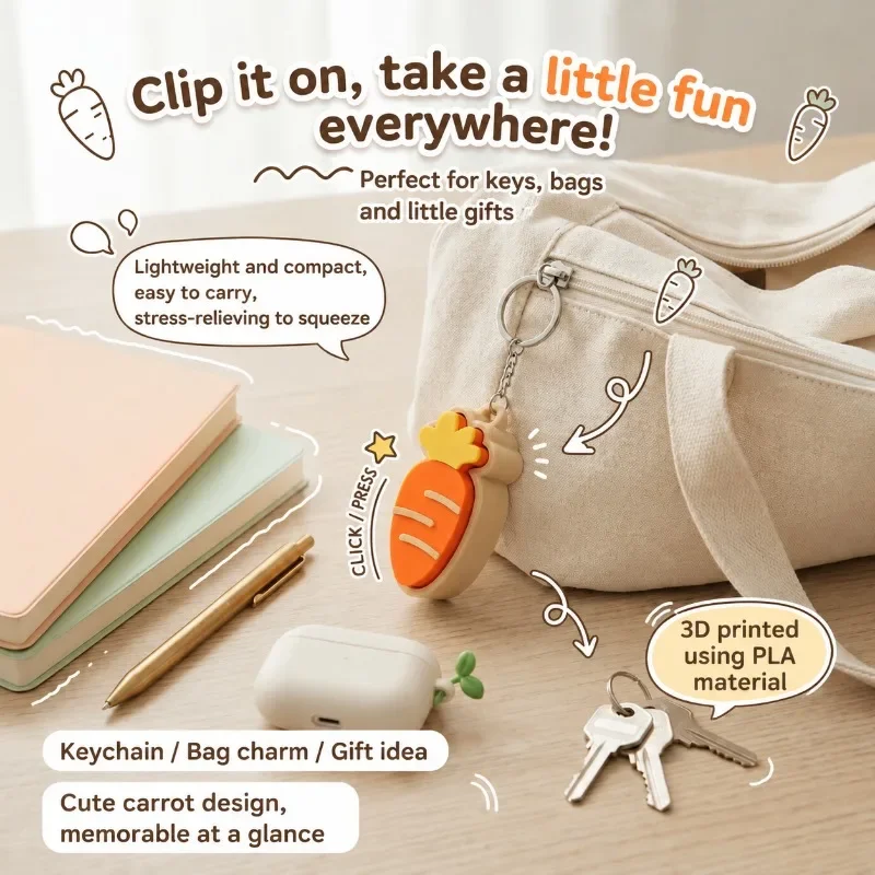 3D Printed Carrot Shape Fidget Keychain Stress Relief Toy Anti-Anxiety Decompression Press Puzzle Gift for Adults Kids