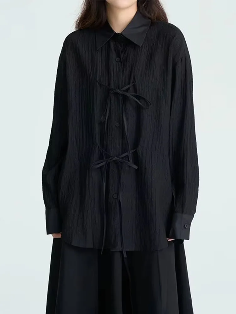 

Новая женская рубашка в китайском стиле со шнуровкой и бантом, свободные черные блузки с длинными рукавами, весна-осень 2022, новые топы с воротником с лацканами Mujer