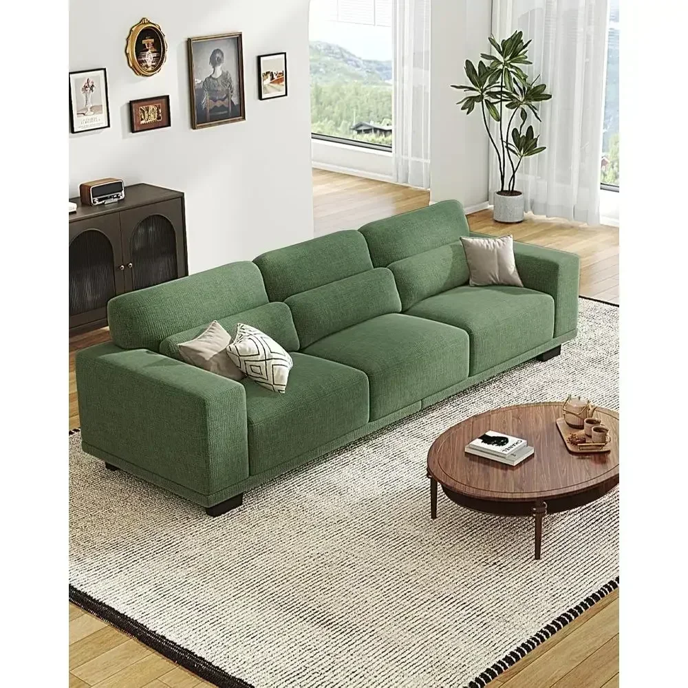 Green Linen Fabric 3-Seater Sofa with Deep Seat, Removable Washable Cover for Living Room