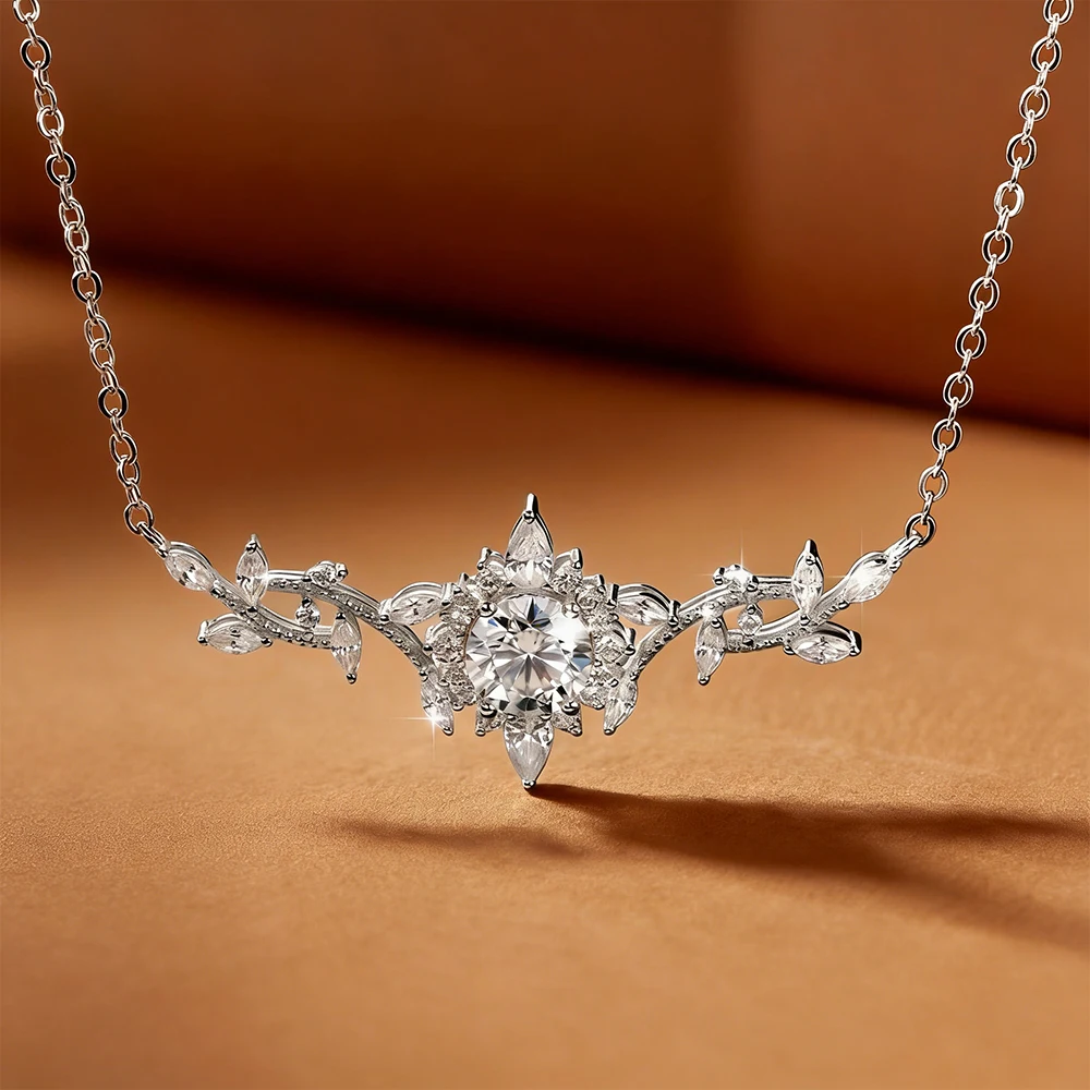 Anziw Certified D Color Moissanite Necklace 14K Gold Filled Floral Leaf Pendant Necklaces for Women Wedding Fine Jewelry Gift