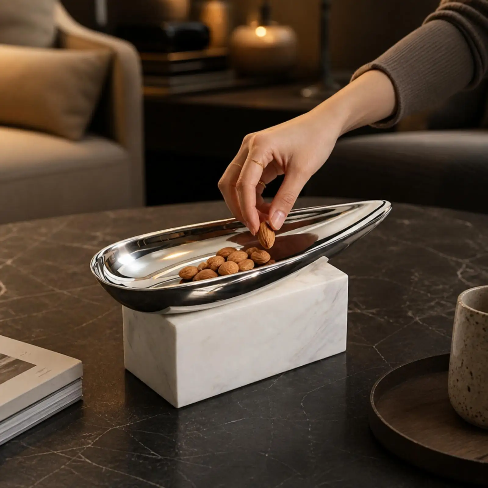 Decorative Industrial Marble Metal Tray for Serving Fresh Produce Small Treats Elegant Tabletop Accent for Living Room