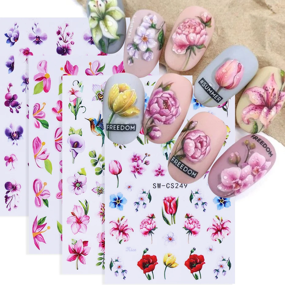 4 szt. Kwiaty naklejki na paznokcie tulipan Sakura liść różowe kwiaty wzór płatków eleganckie samoprzylepne suwaki DIY wiosna lato Manicure Decor