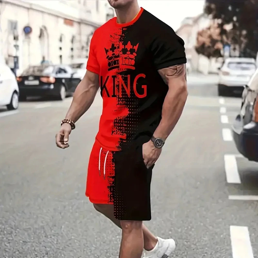 Men Summer Vacation Black White Printed Short Sleeve T-Shirt And Shorts Set Fashion Two Piece Set Men Sportwear Fitness Pullover