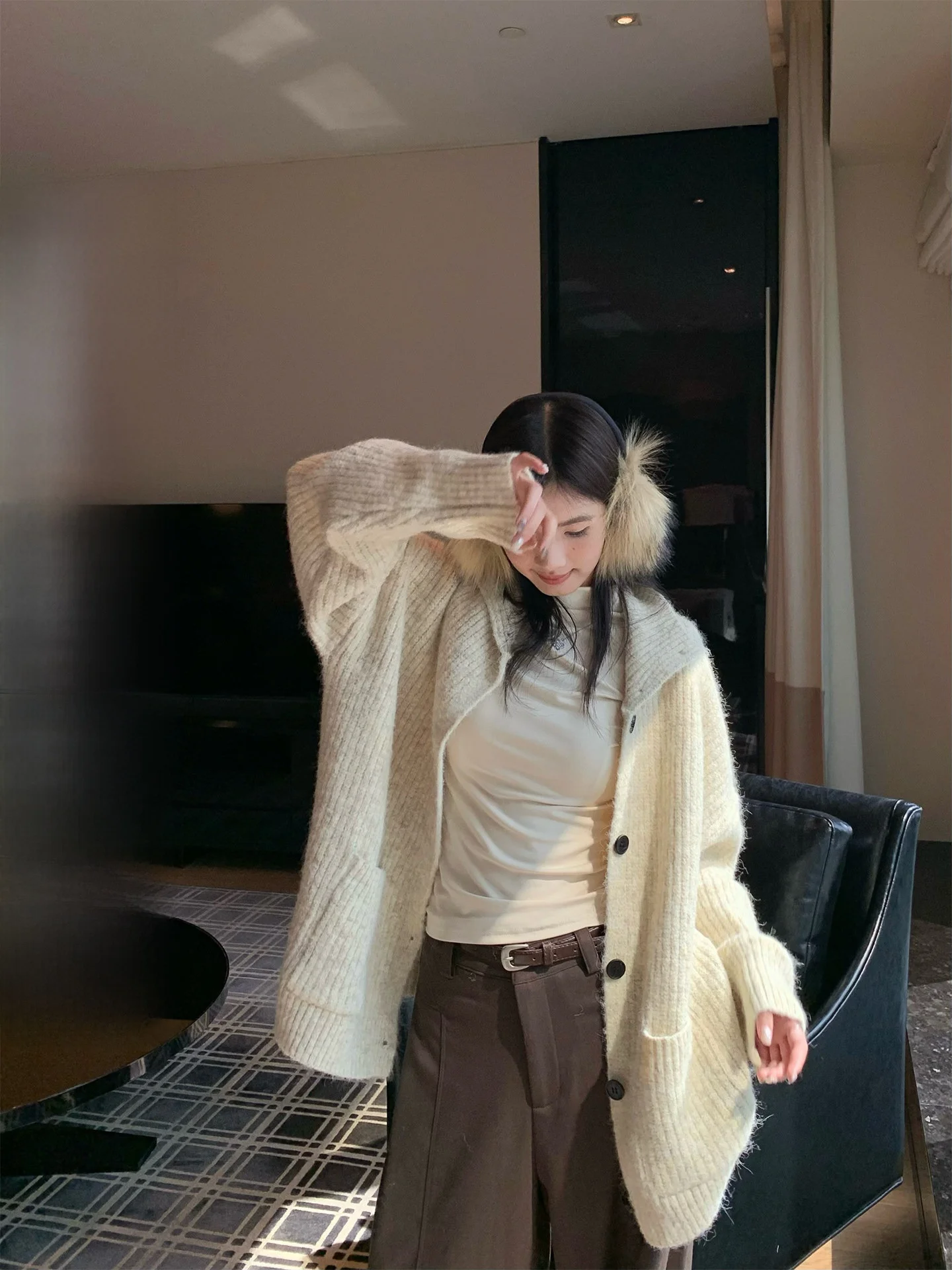 

Женский свободный вязаный кардиган с длинными рукавами, на пуговицах, с воротником-стойкой, теплый, двойной вязки, повседневный, из смесового полиэстера