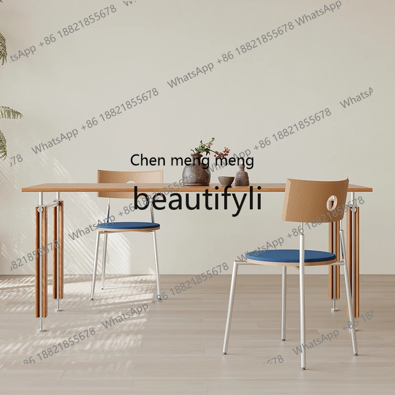 

Solid wood dining table and chair combination, antique stainless steel rectangular walnut home dining table