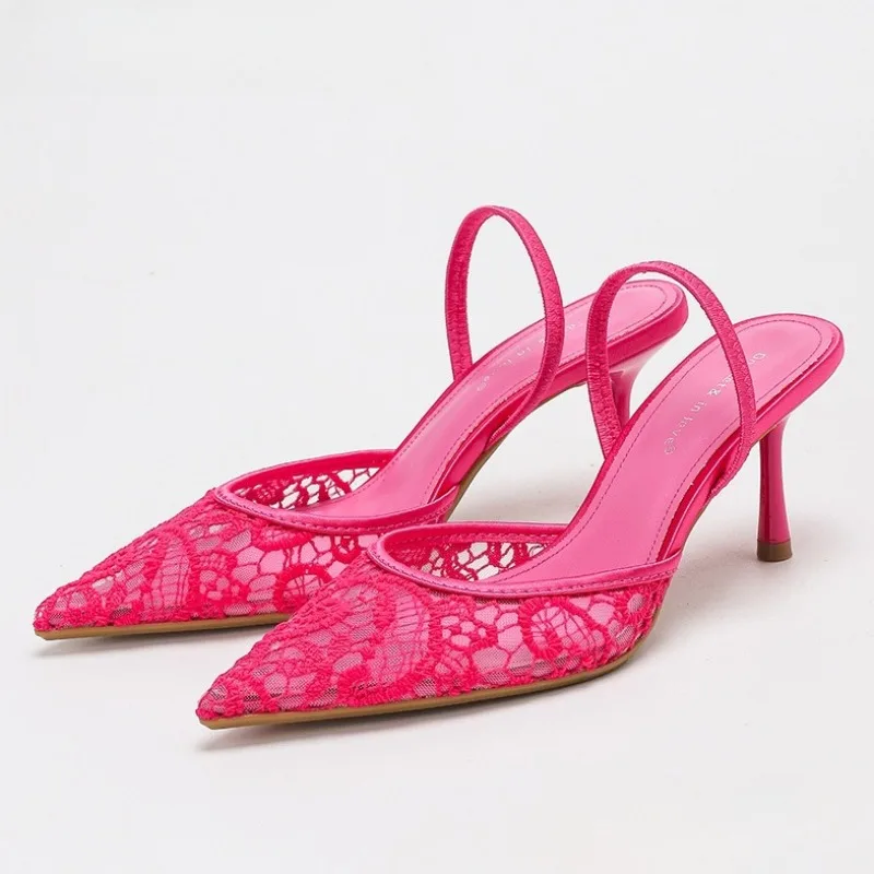 

Sexy Mesh Embroidery Heeled Sandals for Women Designer Pointed Toe Pumps Elegant Mules Slingback Banquet Wedding Dress Shoes