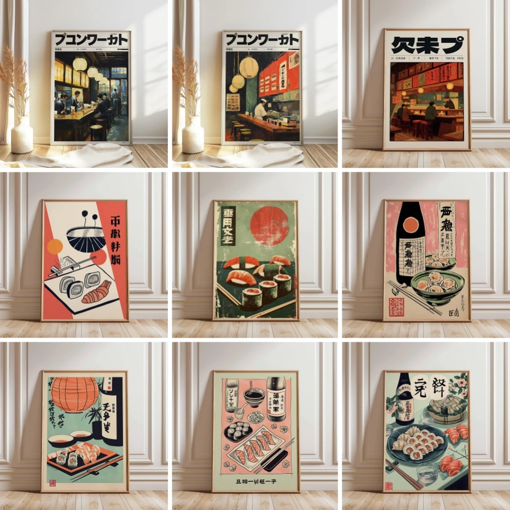 Pôster Retro de Bar de Sushi Japonês, Pôsteres de Comida e Impressão em Tela para Decoração de Parede da Sala de Jantar