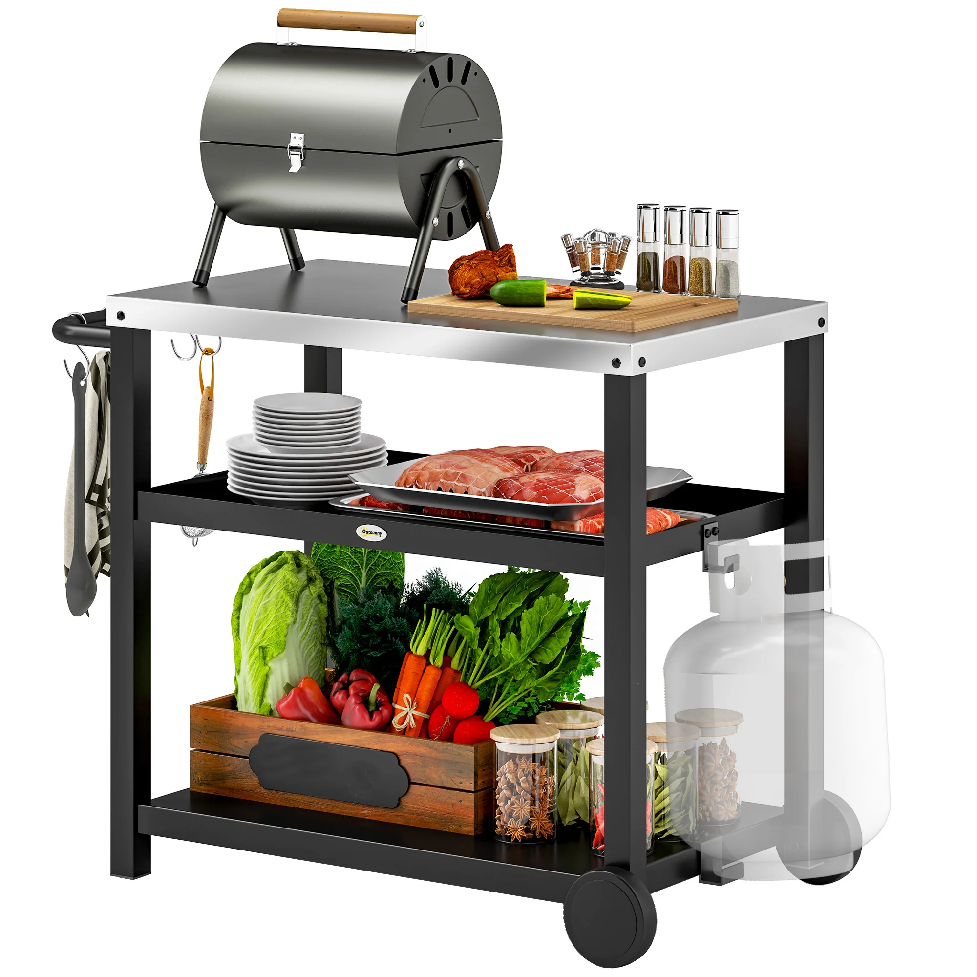 Outsunny Carrito de Parrilla de 3 Niveles con 2 Ruedas Estantes y Asa Gris