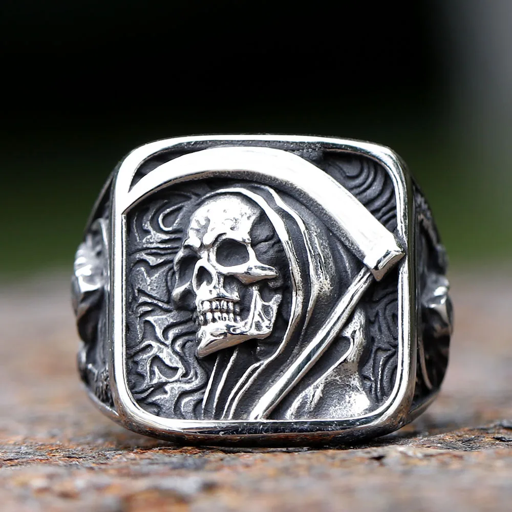 Vintage Mens 316L Stainless Steel Rings for Men Death Sickle Domineering Skull Ring Men's Hip-hop Punk Party Jewelry Gift