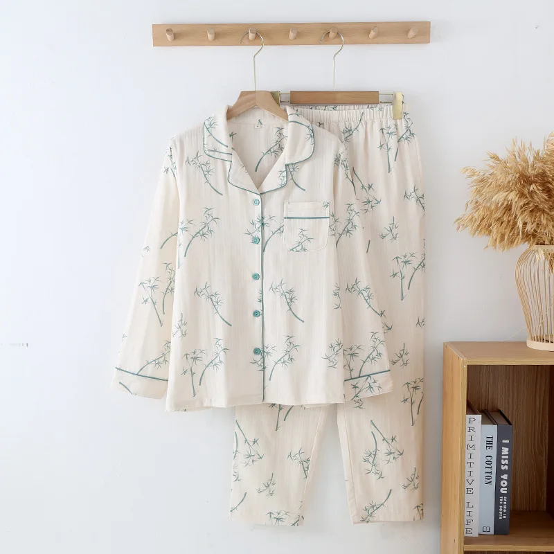 

2024 Spring/Summer New Women's Pajama Set 100% Cotton Crepe Long Sleeve Two Piece Cute Sweet Plus Size Home Fury Sleepwear