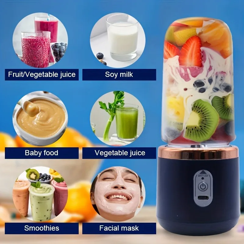

400ml USB Portable Blender, 1500mAh Rechargeable Smoothie Maker with 6 Stainless Steel Blades, Mini Juice Shaker Bottle for Home