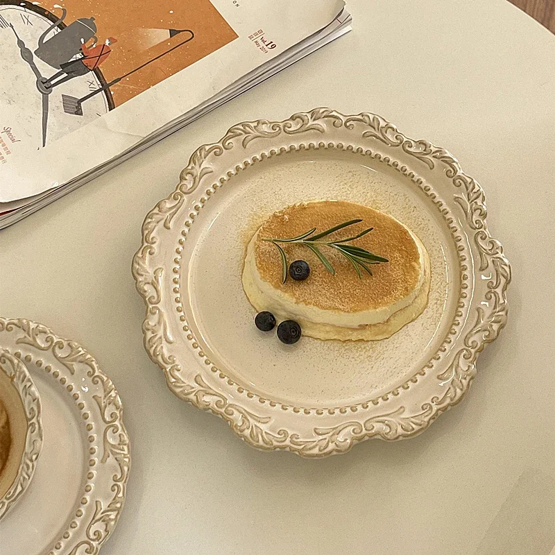 Retro Ins Style Ceramic Dessert Plate with Relief Lace Design Italian Pasta Salad Western Dinner Cake