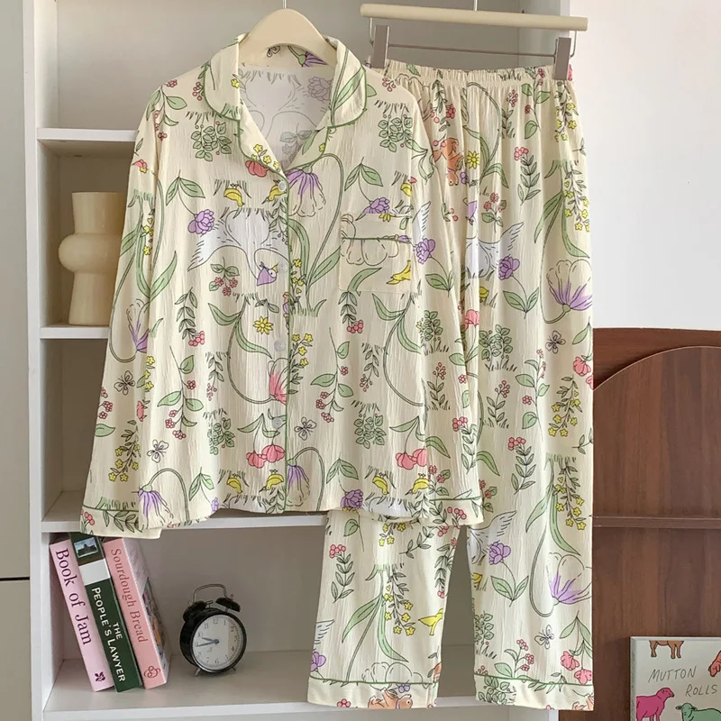 Small Fresh Plant Flowers Spring And Autumn Long Sleeved Pants Nightwear Women's Wrinkled Fabric Casual Home Clothes Set