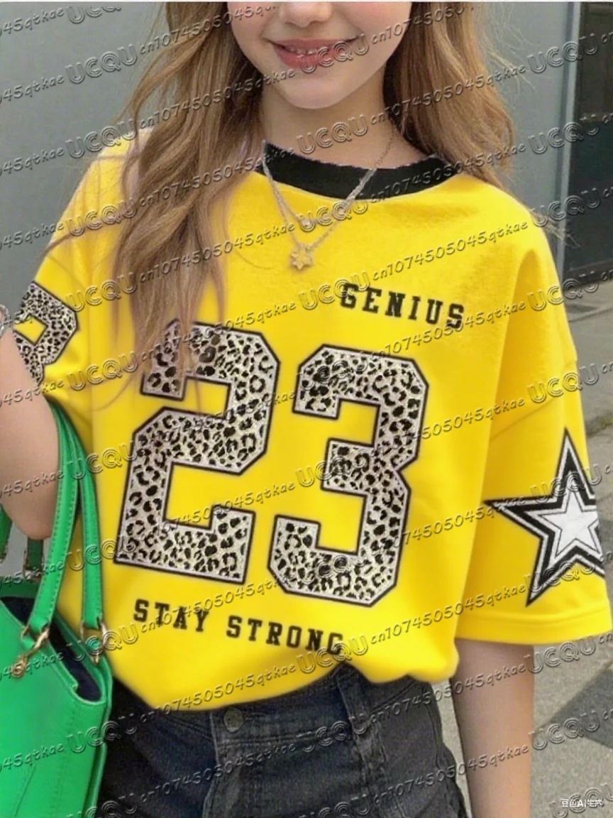 

Summer Fashionable Leopard NO.23 Print Round Neck Women's Basic Loose Quick-dry Short Sleeve T-shirt Casual Comfortable Tops Tee