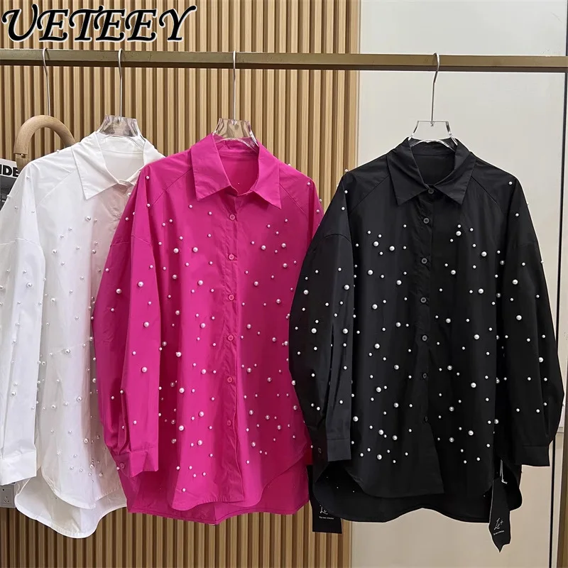 Camisa de manga larga de un solo pecho de la industria pesada de productos europeos, blusa informal de principios de primavera, Tops de Color sólido