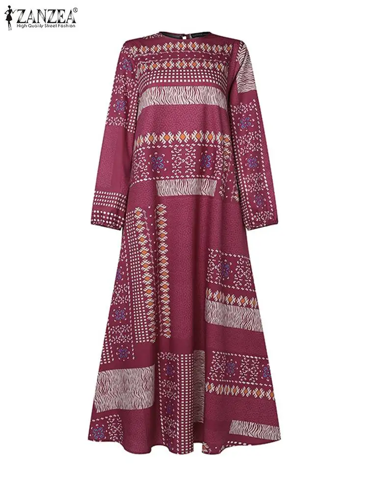 ZANZEA Ethnic Style Printing 2024 Autumn Vestidos Casual Loose Women O Neck Holiday Abaya Robes Long Sleeve Vintage Maxi Dress