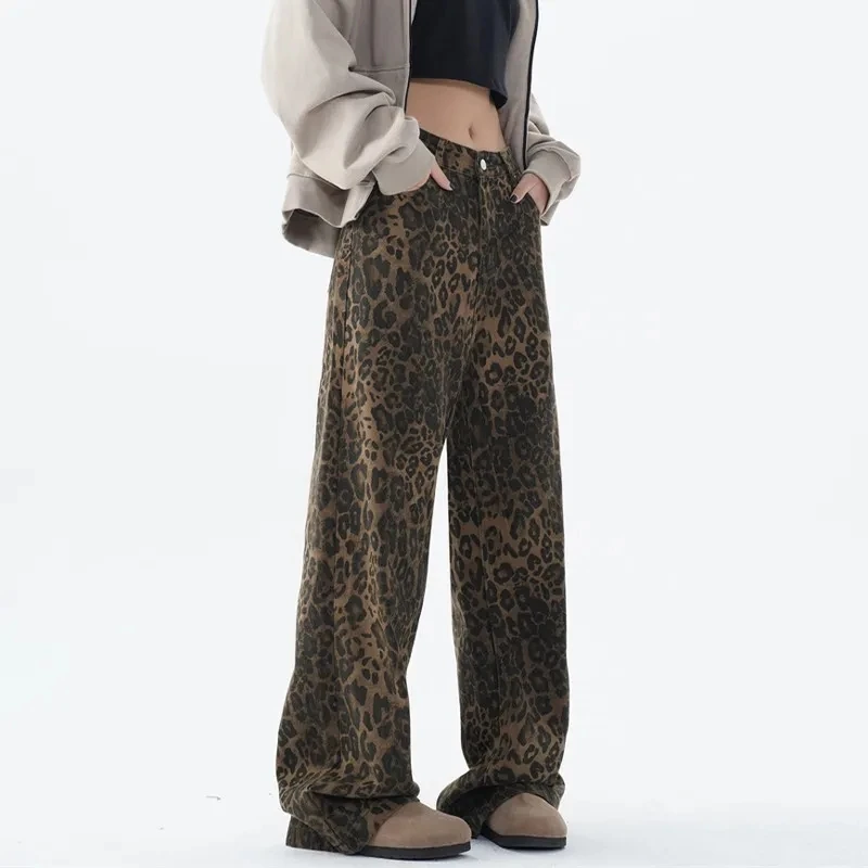 American Retro Leopard Print Jeans Women Spring And Summer 2025 Fashion Wide Leg Pants Loose Drape Mopping Trousers
