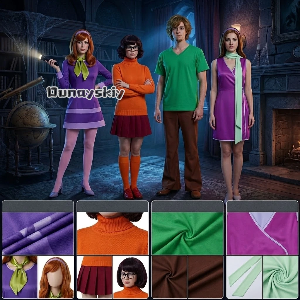 Daphne Velma Cosplay-Kostüm für Erwachsene Frauen, Halloween, klassische Filmfiguren, Kostüm für Erwachsene Frauen, für Cosplay, Anime-Kleidung