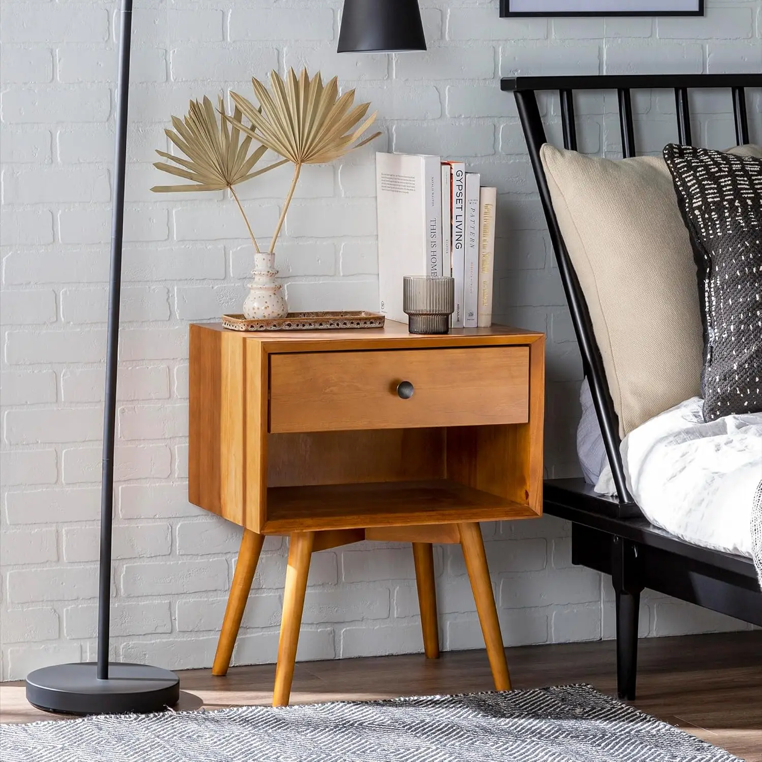 

Mid Century Modern Wood Nightstand Side Table Bedroom Storage Drawer and Shelf Bedside End Table, 1 Drawer, Caramel