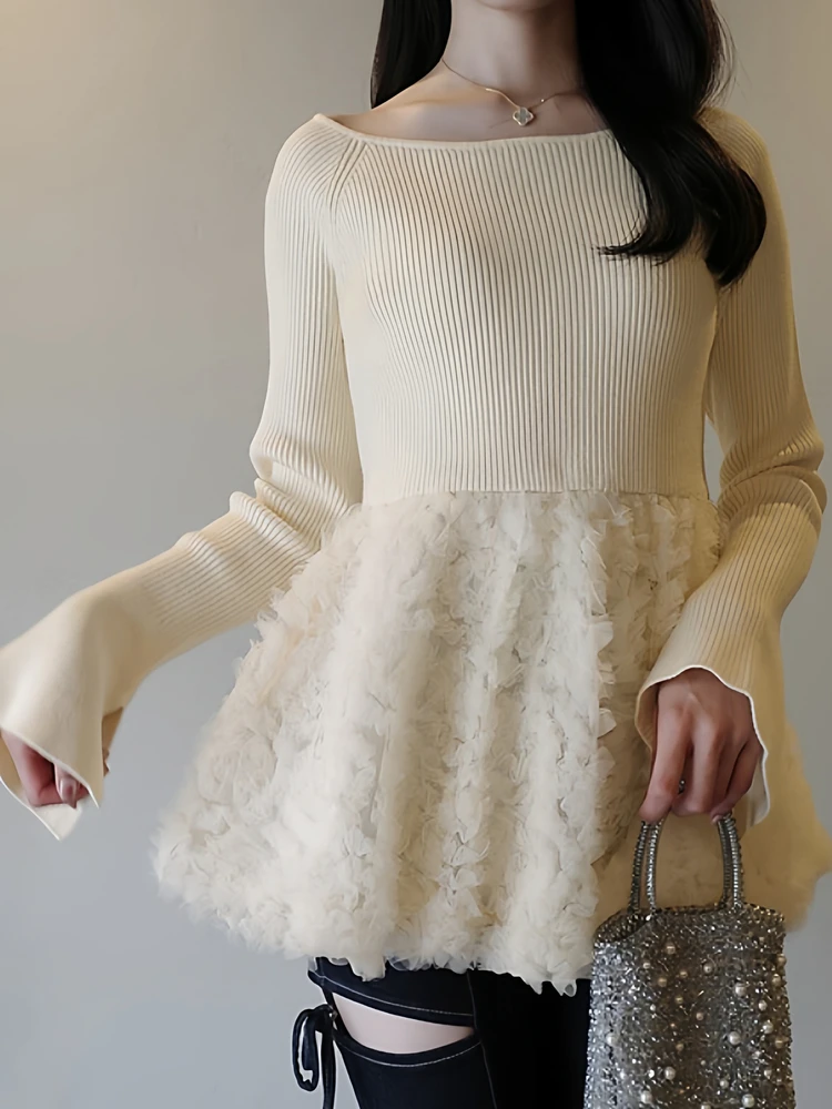 

Ele Sle женский вязаный свитер с тяжелыми украшениями и цветочным принтом, облегающий крой, длинный подол, круглый топ