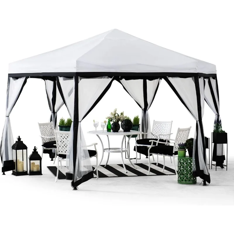 Sunjoy11x11ft.Pop Up Gazebo,2Tone Portable Canopy/Tent,Outdoor Hexagon Steel Frame Soft Top Gazebo,Mesh Sidewall,Carry Bagcluded